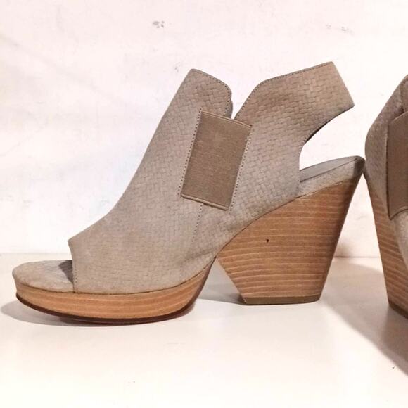 Eileen Fisher Taupe Thatched Suede Wood Stacked Statement heel size 9.5 - Picture 5 of 12